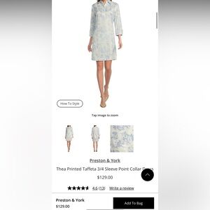 Preston & York Thea Printed Taffeta 3/4 Sleeve Point Collar Dress